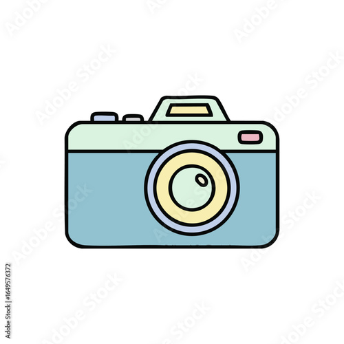AI generated graphic of a charming vintage-style camera in soft pastel hues, a minimalist icon for modern creative and technology concepts.