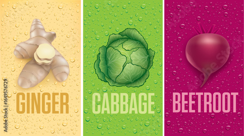 many fresh juice drops background with ginger, cabbage, beet root