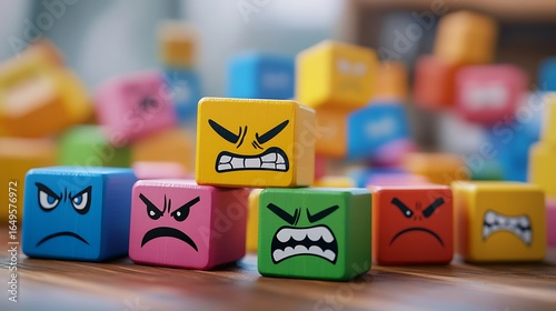Colorful wooden blocks with angry faces representing different emotional expressions for stock photo