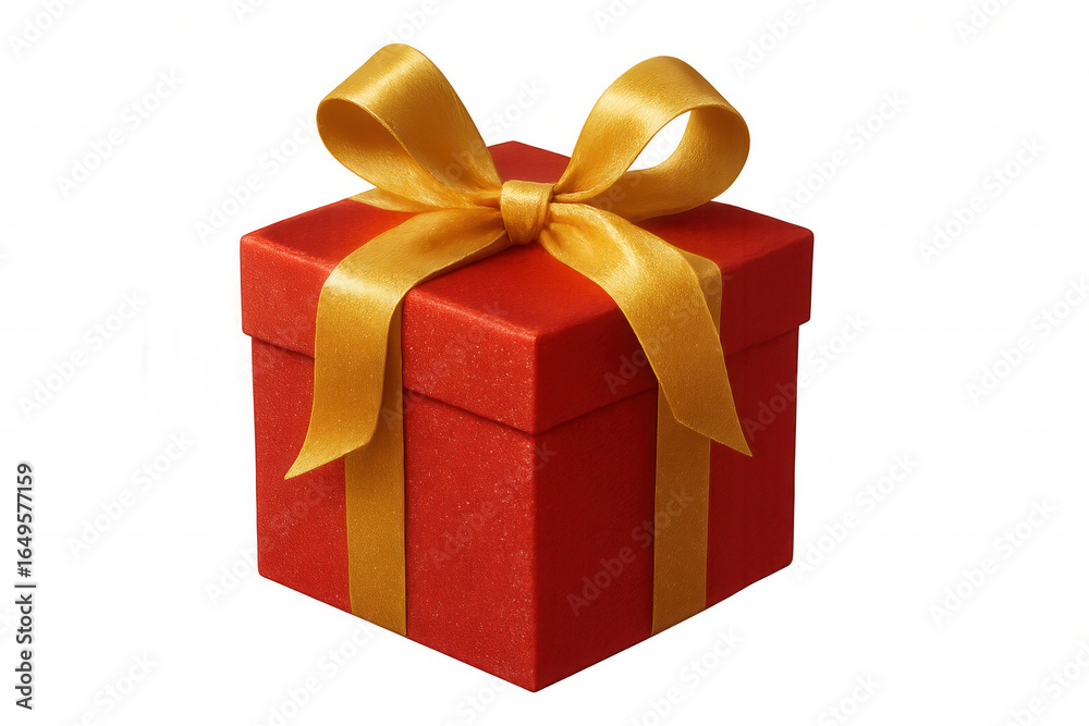 Obraz premium Elegant red gift box tied with shimmering gold ribbon, resting on transparent surface