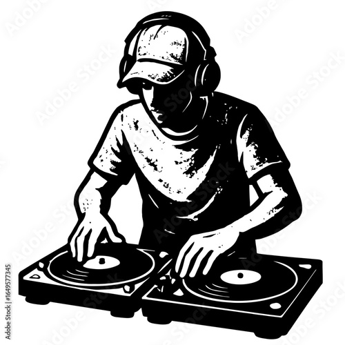 Grungy Vector Illustration of a DJ Playing with Turntables and Headphones