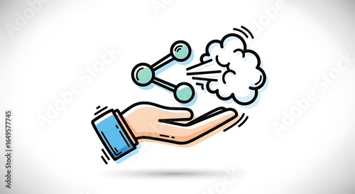 Hand holding a sharing icon with a cloud of data.