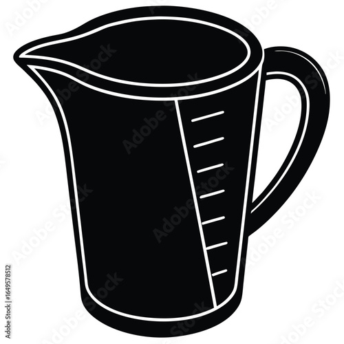 Measuring jug with liquid and markings on a white background