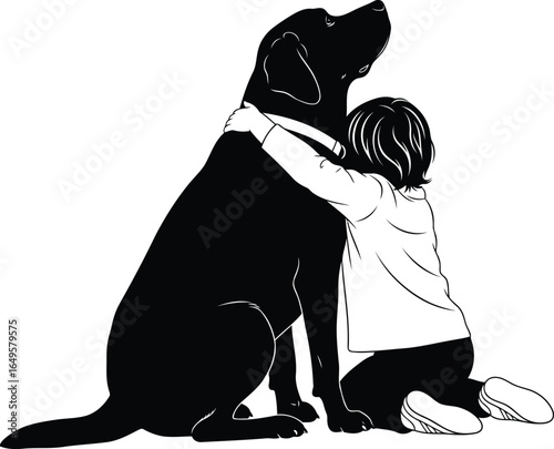 Child hugs large black dog in tender embrace