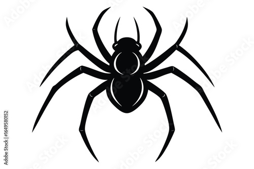 Simple black and white spider design with eight legs and fangs