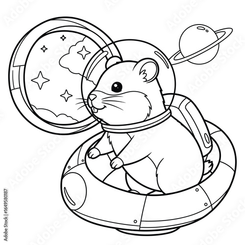 Adorable space hamster in astronaut helmet flying in rocket perfect for children activity books and space art