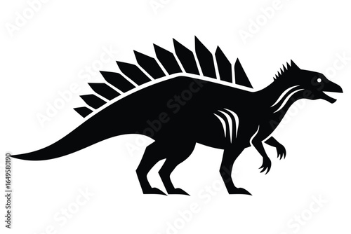 A bold black silhouette of a Spinosaur dinosaur on a white backdrop