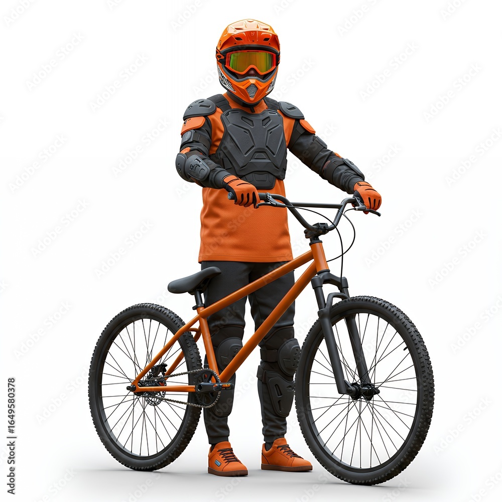 Fototapeta premium Young BMX cyclist in orange helmet and gray body armor riding orange mountain bike with protective gear isolated on white studio background for extreme sports