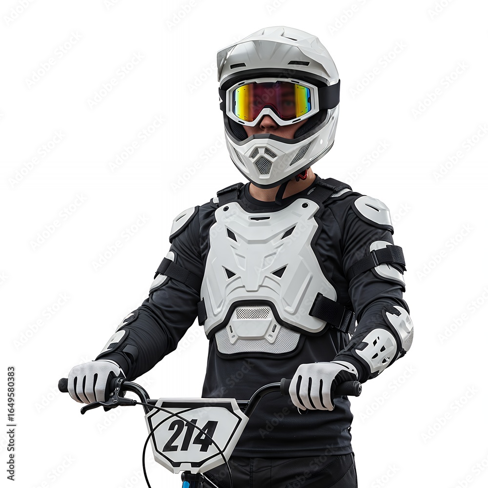 Fototapeta premium Professional BMX rider wearing white helmet and protective armor gear holding number 214 plate on black motocross bike isolated on white background