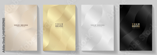 Black, gold, white elegant cover design set, waves pattern. Modern Luxury vector art background. Premium fashionable template for cover design, invitation, flyer, wedding card, note book, menu