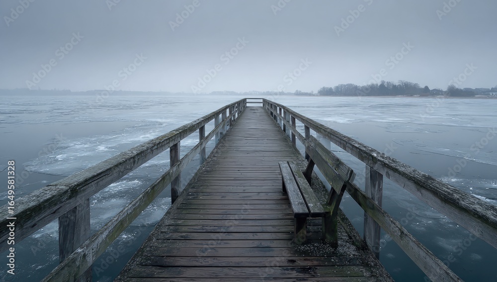 Fototapeta premium Misty winter pier extending into a frozen lake. A weathered wooden pier stretches into a vast expanse of gray-blue, misty water. Ice floes dot the surface. 