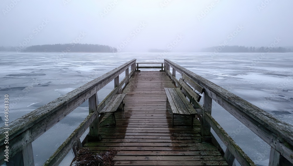 Fototapeta premium Wooden pier extending over a frozen lake, a misty, gray day