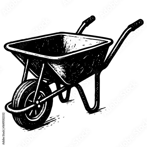 Wheelbarrow Icon - Hand-Drawn Black and White Graphic with Distressed Texture