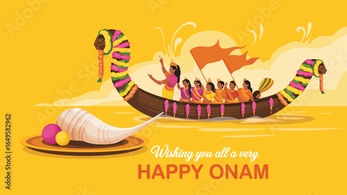 Happy Onam illustration with traditional Kerala boat race, festive rowers, conch shell decor, and celebratory message on yellow background