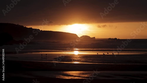 Wallpaper Mural Golden sunset over the ocean with dark cliffs and seagulls reflected in the wet sand. Dramatic sky with warm tones creates a peaceful and scenic coastal landscape in the evening light Torontodigital.ca