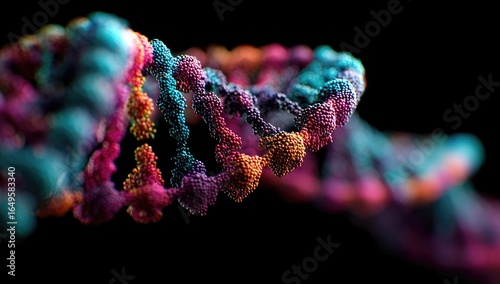 Colorful DNA helix close-up.  DNA strands in vibrant colors,  dots  and spirals.  Scientific  image