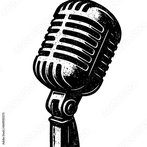 Grunge Black and White Vintage Microphone Vector - Rustic Hand-Drawn Studio Equipment Graphic for Music, Sound, and Recording Designs