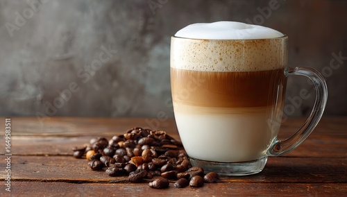 Glass mug of layered coffee drink, frothy top, with coffee beans beside