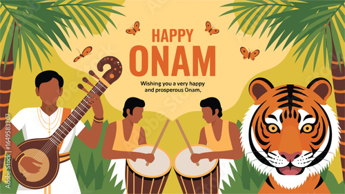 Happy Onam greeting with Pulikali tiger face, traditional musicians playing drums and strings, palm trees, butterflies, festive celebration
