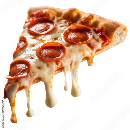 A delicious slice of Italian pepperoni pizza with melted cheese on a white background