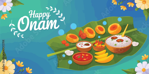 Happy Onam greeting with traditional Kerala Sadhya feast on banana leaf, rice, curries, pickles, papadum, fruits and floral decoration