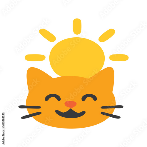 Orange cat face smiling under a bright yellow sun, perfect for pet care, cat lovers, summer concepts, happy themes. Whimsical and charming.