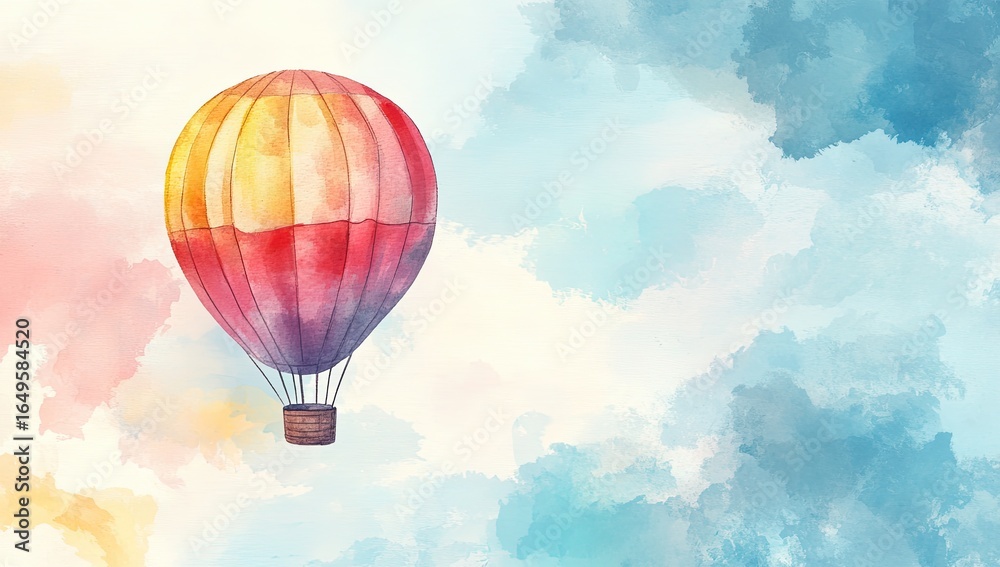 Fototapeta premium Watercolor hot air balloon in pastel sky (1)