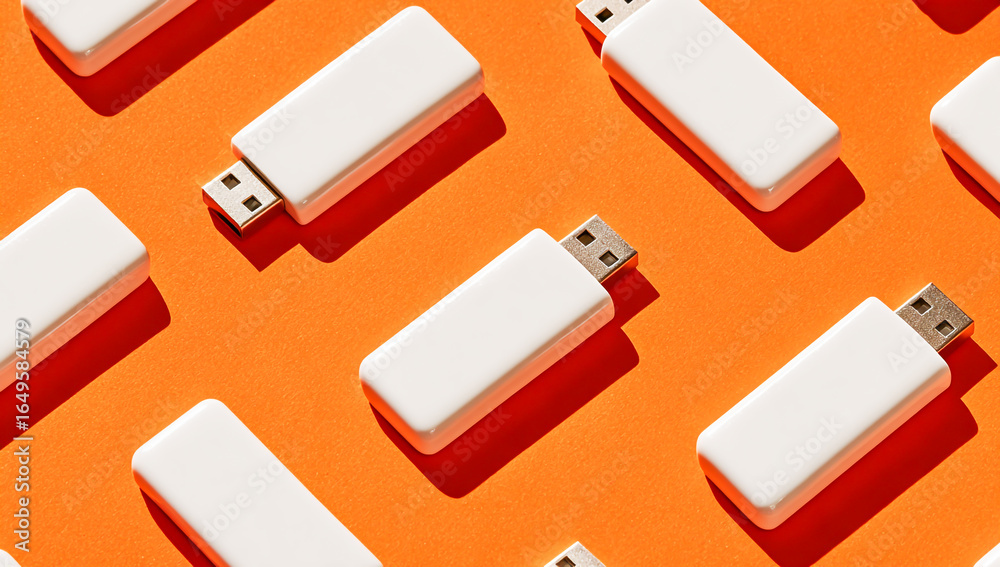 Obraz premium Photograph of several white flash drives on an orange background, top view, pattern, minimalist style, high-resolution photography.