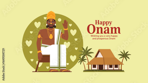 Happy Onam greeting with traditional Kerala man in dhoti and turban, blessing gesture, palm trees, festive house, cultural celebration