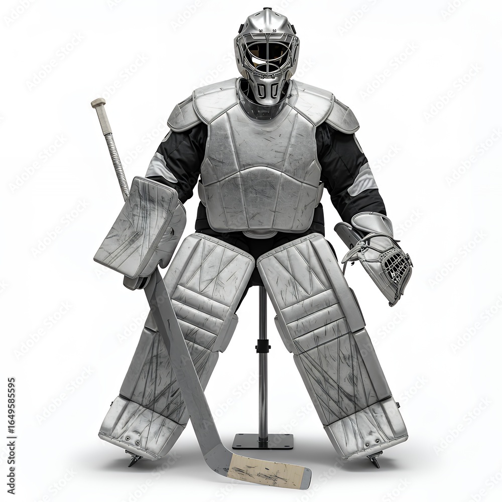 Obraz premium Professional hockey goalie in metallic silver protective equipment with cage mask leg pads blocker glove and stick on white studio background
