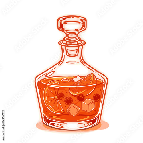 Glass decanter filled with orange beverage, ice, and fruit slices  
