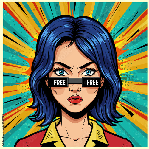 Young woman with blue hair wearing glasses with "Free" text in pop art style  