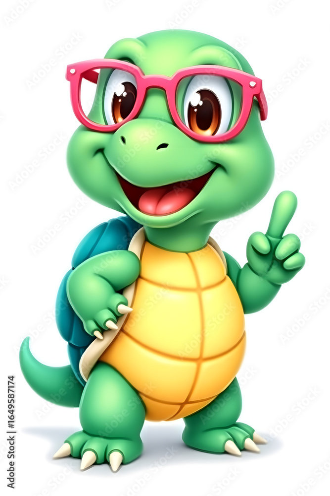 Fototapeta premium Cartoon Cute Turtle with Glasses Pointing and Smiling – Friendly Animal Character