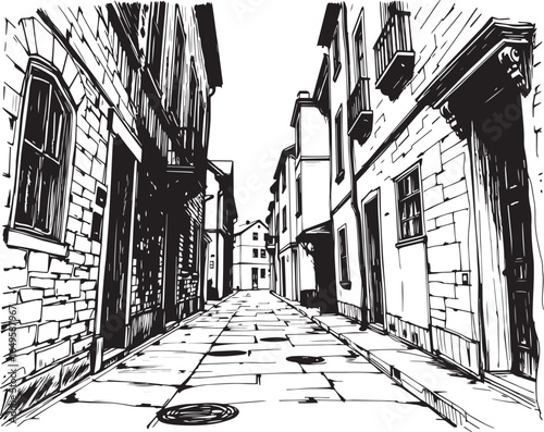 Gloomy urban alleyway, back streets. Hand drawn vector illustration