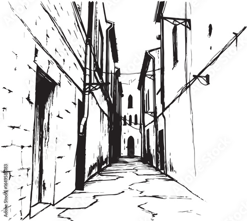 Gloomy urban alleyway, back streets. Hand drawn vector illustration