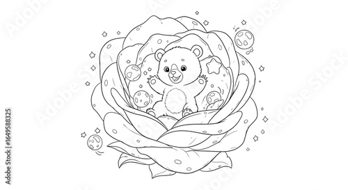 Cute bear in a magical rose surrounded by stars and bubbles in a whimsical coloring page