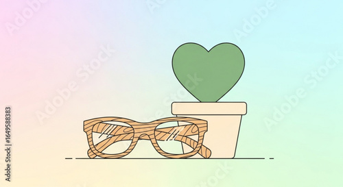 Wooden eyeglasses with heart shaped plant in pot for vision care and stylish indoor decor illustration