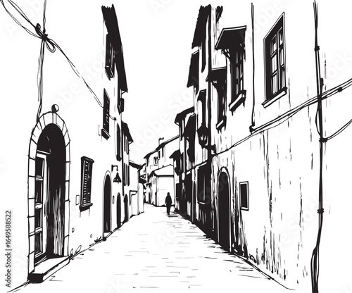 Gloomy urban alleyway, back streets. Hand drawn vector illustration