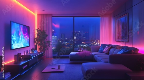 Modern apartment interior with neon lighting and city view at night photo