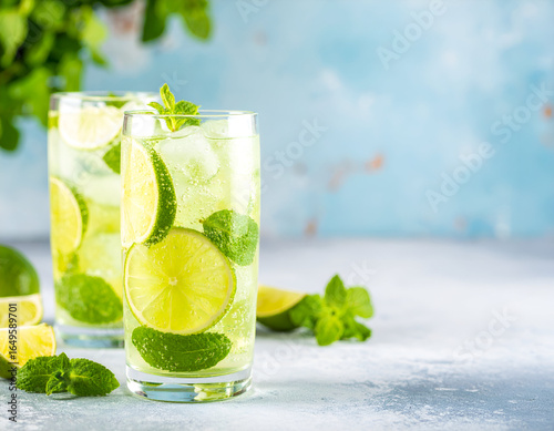 Two Glasses of Refreshing Lime and Mint Drink with Ice