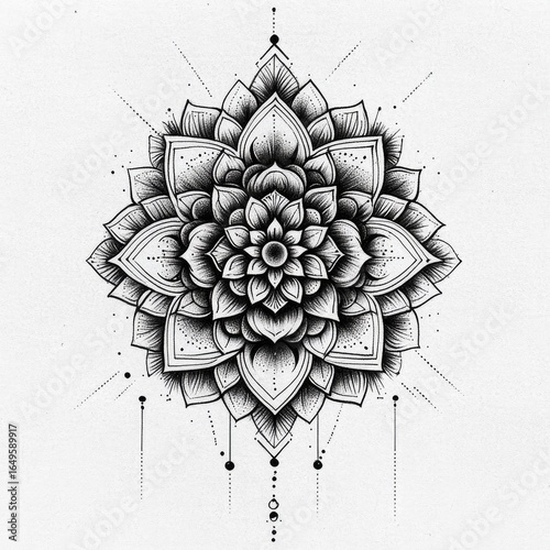 Detailed black and white mandala design, centered on a large lotus flower shape, with intricate detailing and radiating lines