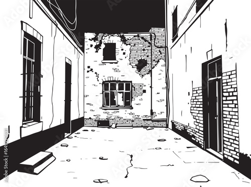 Gloomy urban alleyway, back streets. Hand drawn vector illustration
