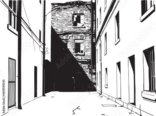 Gloomy urban alleyway, back streets. Hand drawn vector illustration