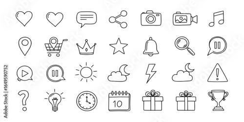 Collection of hand drawn sketch icons representing various concepts