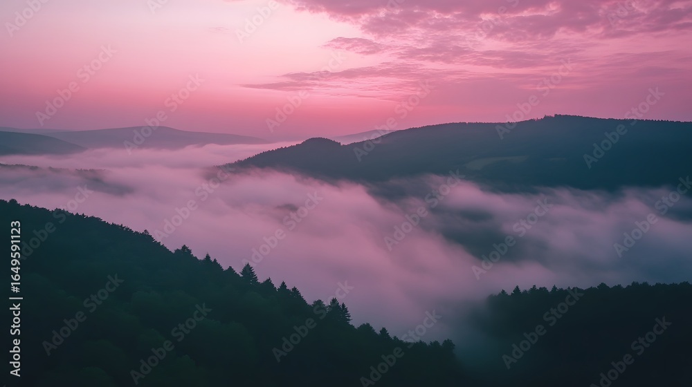 Obraz premium Aerial view of a mountain covered in fog under dramatic cloudscape