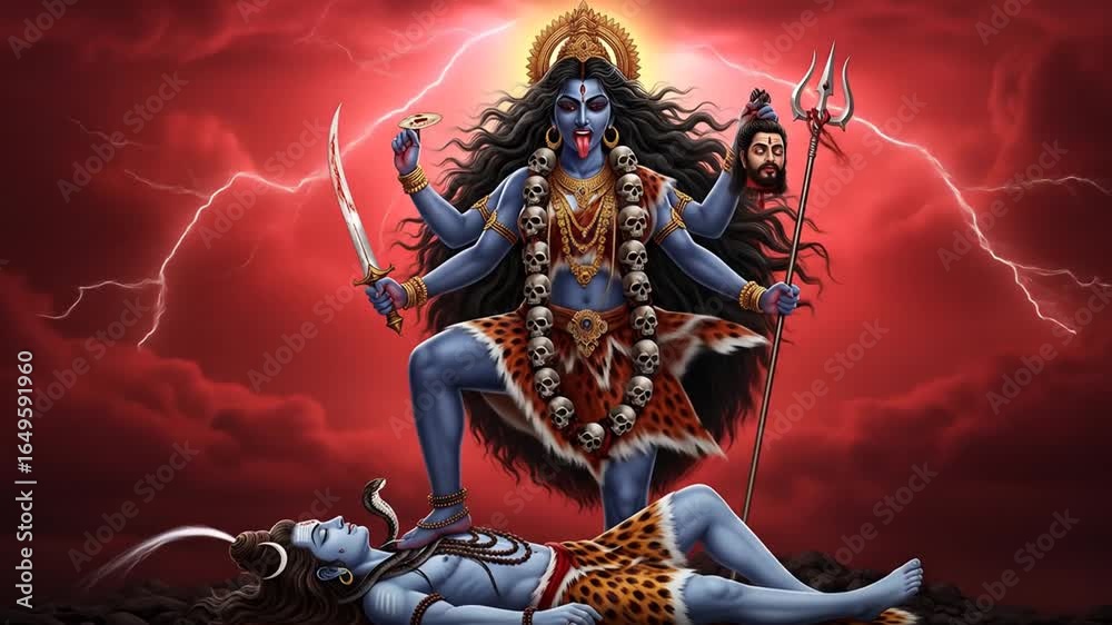 Kali Rage Fierce Goddess Kali Stands on Lord Shiva Amidst a Powerful, Flashing ...