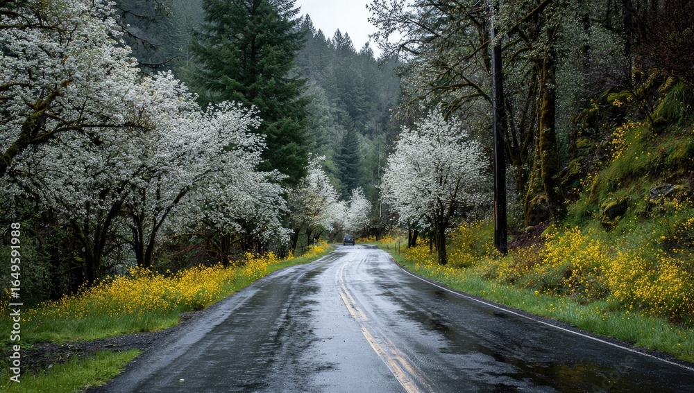 Fototapeta premium Wet road winds through a valley lined with blossoming white trees and yellow wildflowers on a cloudy day