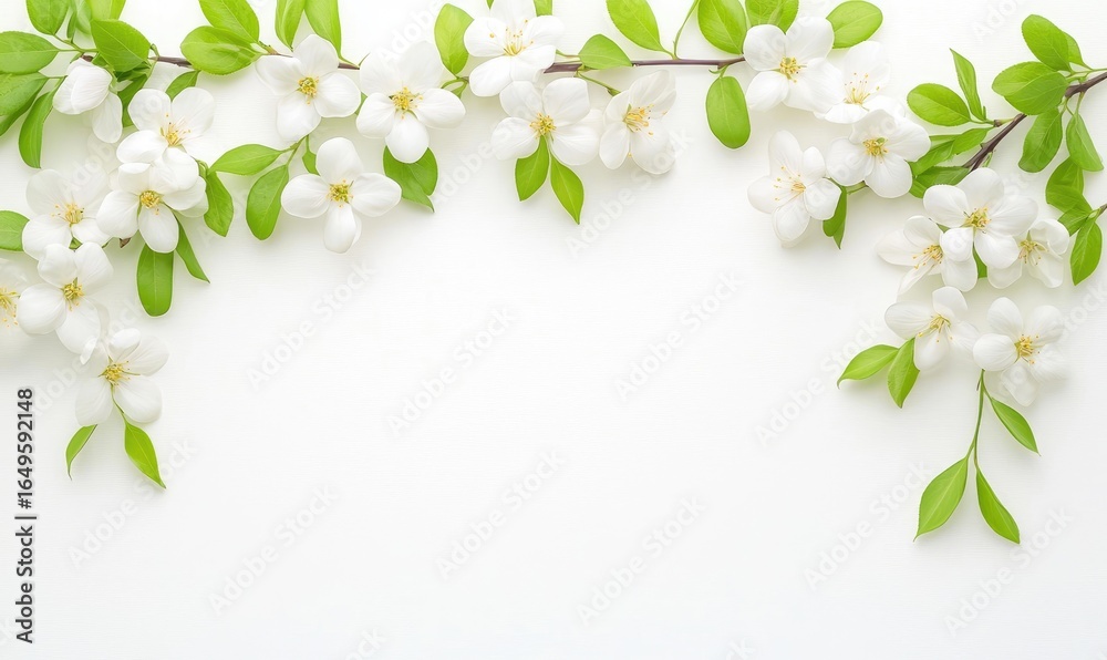 Fototapeta premium Delicate white blossoms and fresh green leaves arranged on a white background, creating a spring-like border