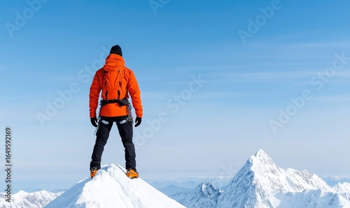 A person stands atop a snow-covered mountain peak, silhouetted against a vast blue sky. 