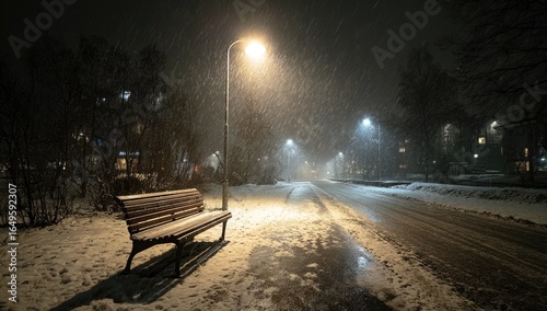 Snowy night scene with a park bench and streetlights
